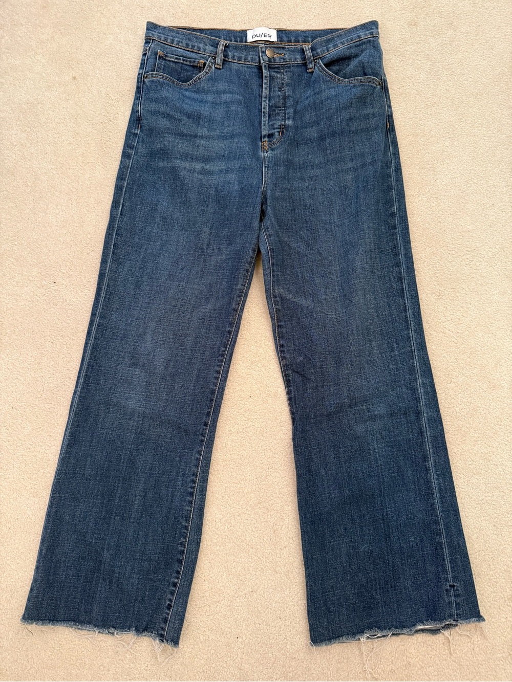 DU/ER Women’s Stretch Wide Leg Jeans 32 waist Medium Blue Raw Hem Cropped